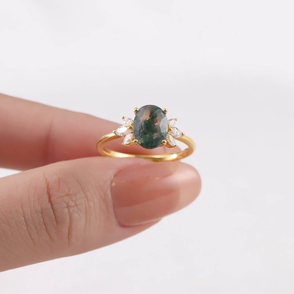 Natural Moss Agate Ring Oval Shaped Sterling Silver Yellow Gold Plated