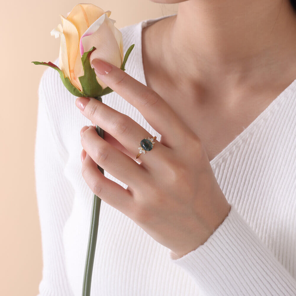 Natural Moss Agate Ring Oval Shaped Sterling Silver Yellow Gold Plated