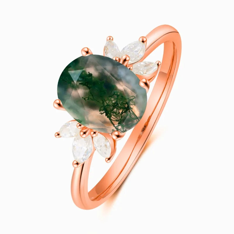 Natural Moss Agate Ring Oval Shaped Sterling Silver