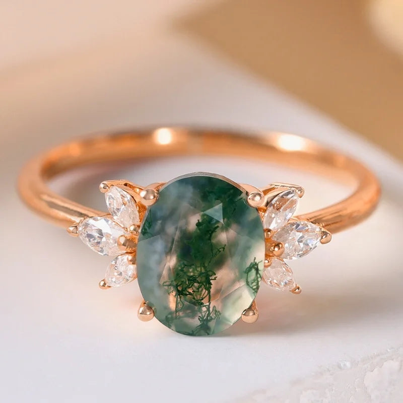 Natural Moss Agate Ring Oval Shaped Sterling Silver