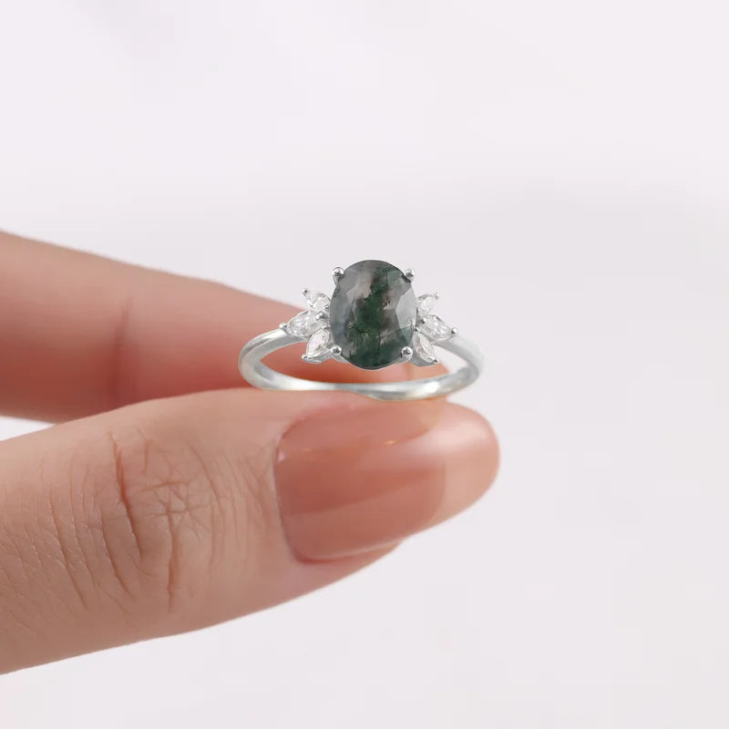 Natural Moss Agate Ring Oval Shaped Sterling Silver