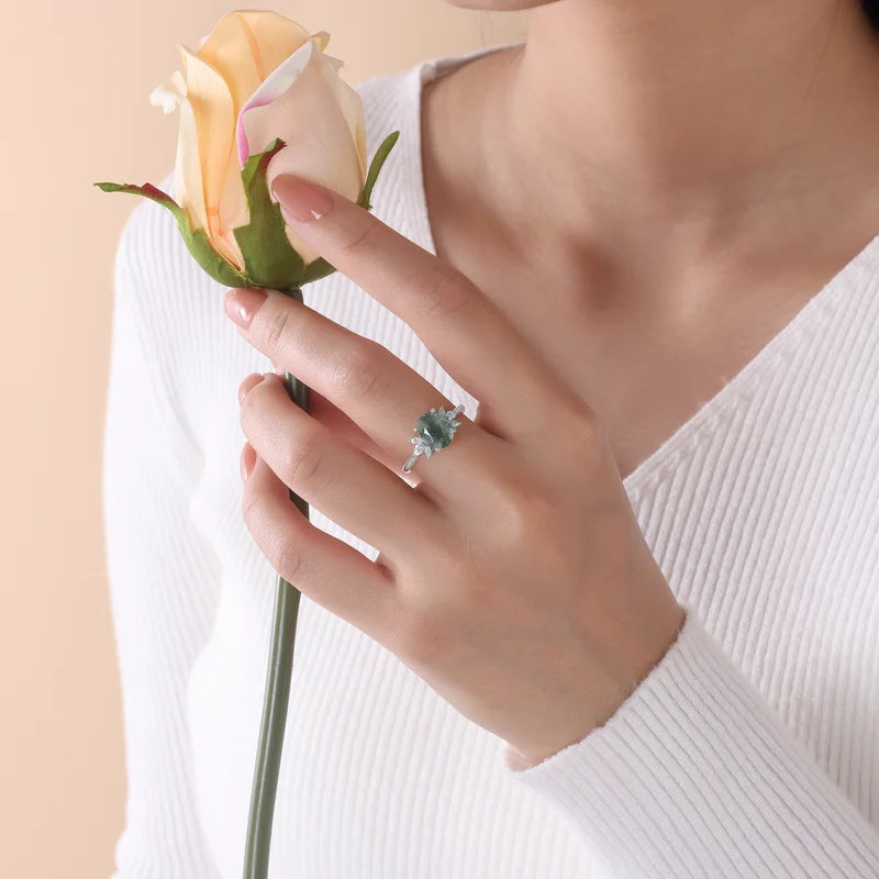 Natural Moss Agate Ring Oval Shaped Sterling Silver