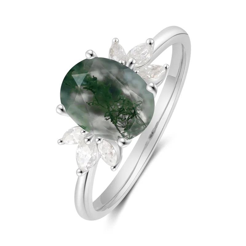 Natural Moss Agate Ring Oval Shaped Sterling Silver