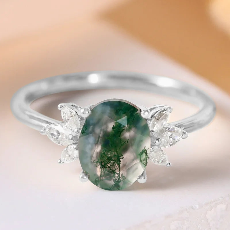 Natural Moss Agate Ring Oval Shaped Sterling Silver