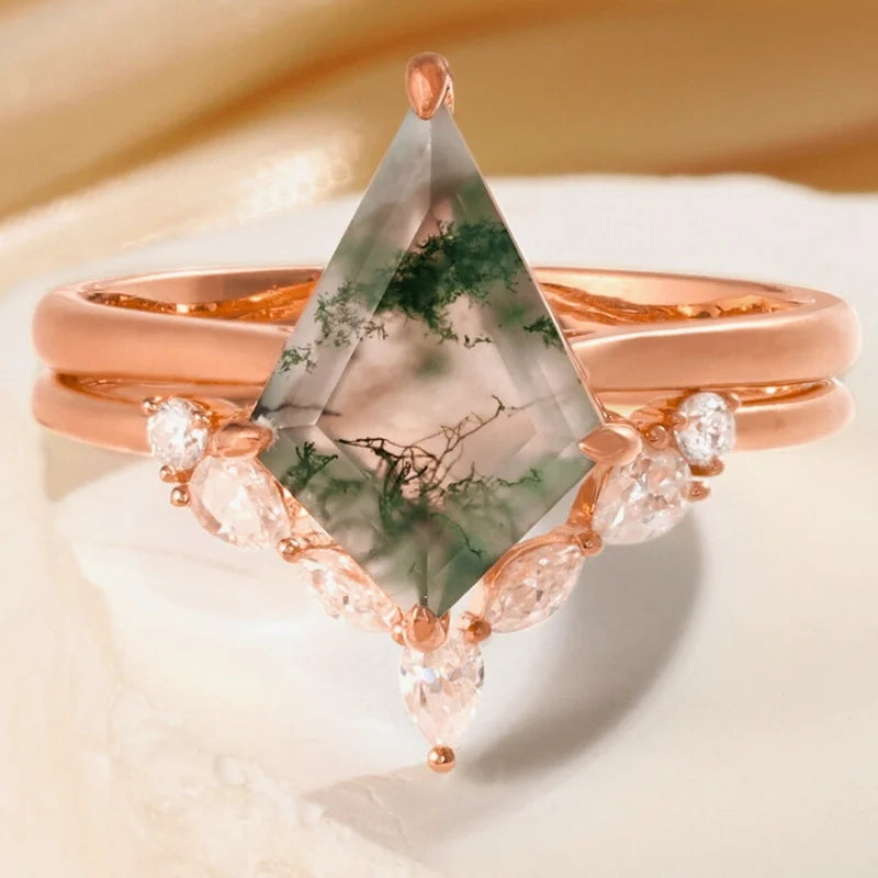 Natural Moss Agate Engagement Ring Set with Moissanite Kite Cut