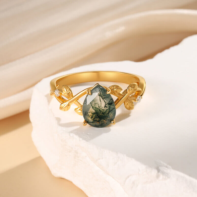 Natural Moss Agate Ring with Moissanite Pear Cut 18K Gold