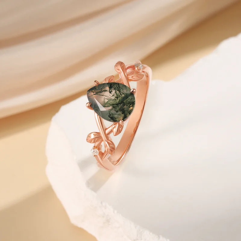 Natural Moss Agate Ring with Moissanite Pear Cut