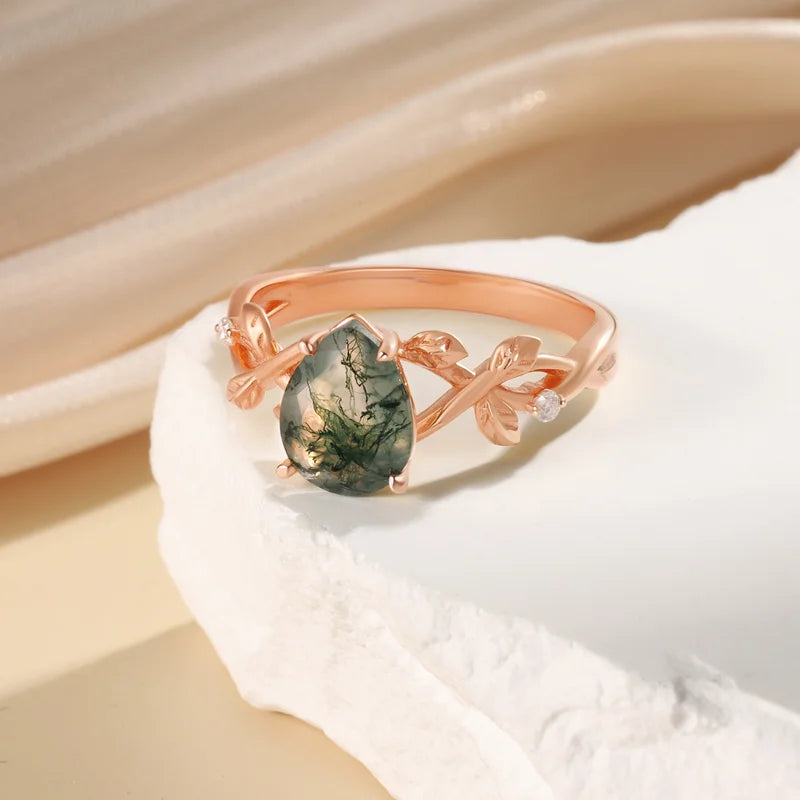 Natural Moss Agate Ring with Moissanite Pear Cut