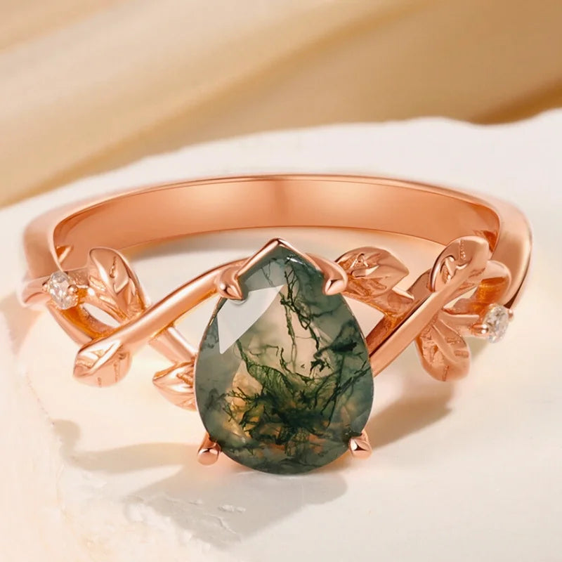 Natural Moss Agate Ring with Moissanite Pear Cut