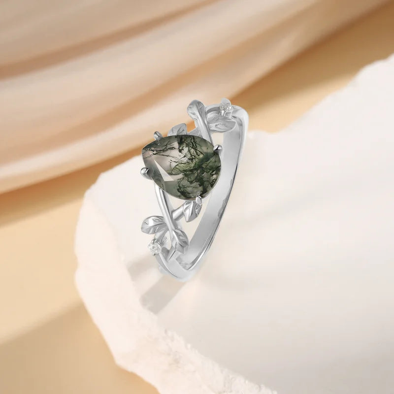 Natural Moss Agate Ring with Moissanite Pear Cut