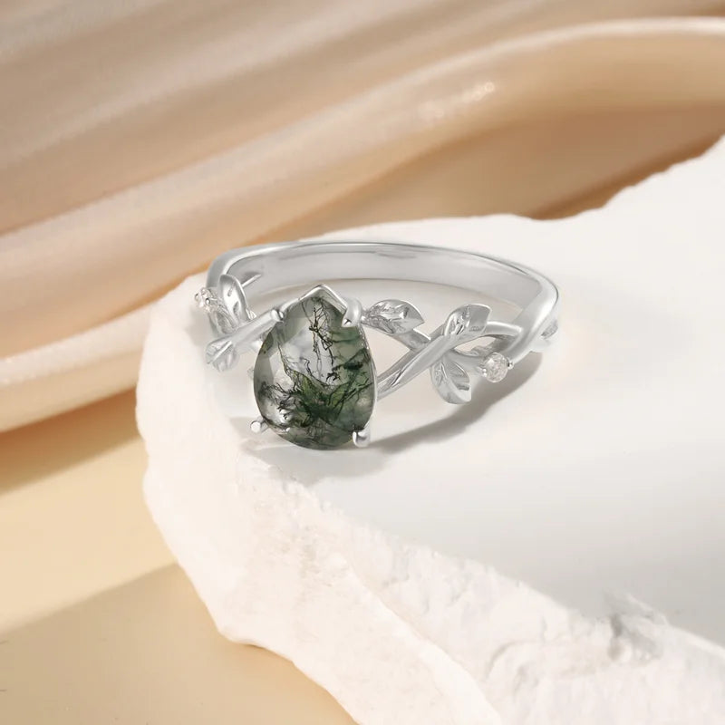 Natural Moss Agate Ring with Moissanite Pear Cut