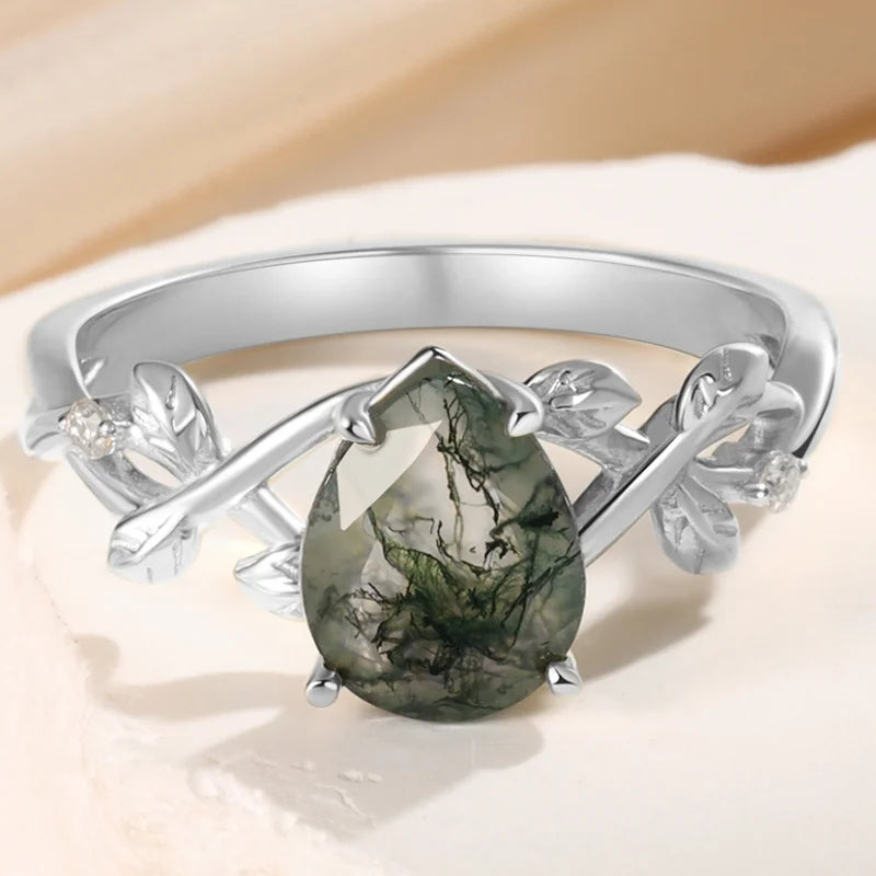 Natural Moss Agate Ring with Moissanite Pear Cut