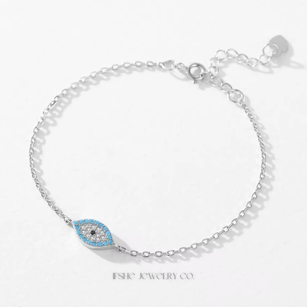 Natural Turquoise Evil Eye Bracelet in 925 Sterling Silver – Lucky Turkish Charm