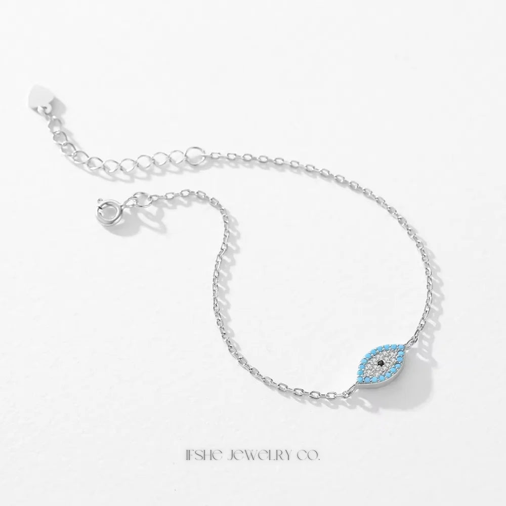 Natural Turquoise Evil Eye Bracelet in 925 Sterling Silver – Lucky Turkish Charm