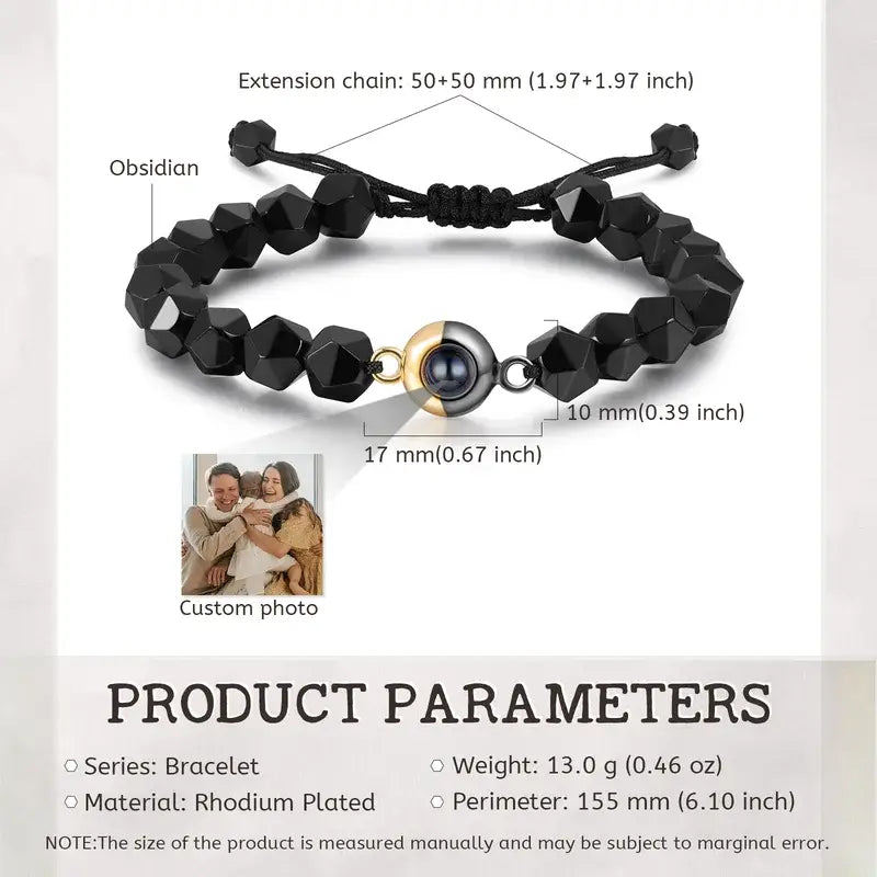 Obsidian Beaded Personalised Projection Photo Bracelet
