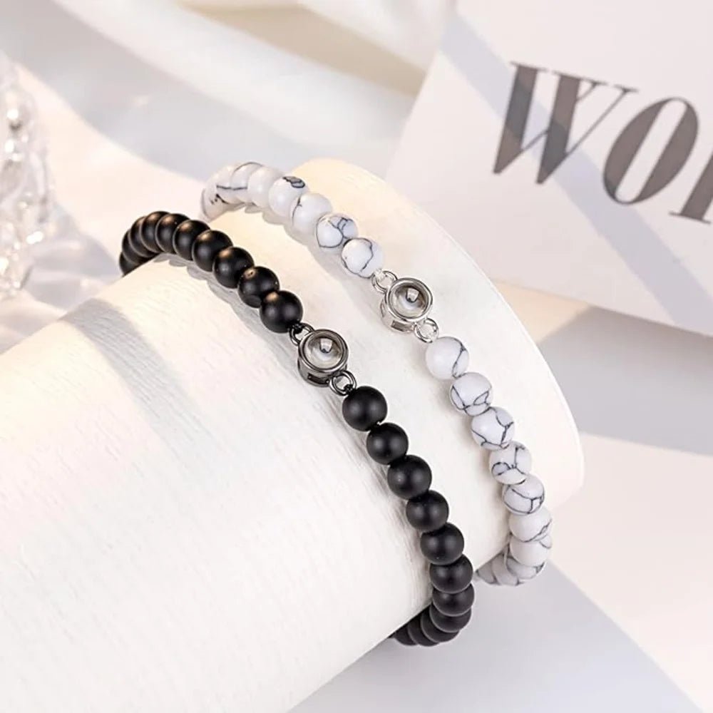 White Onyx Stone Photo Bracelet, Beaded Bracelet with Picture Inside, Photo Projection Beaded Bracelet for Women