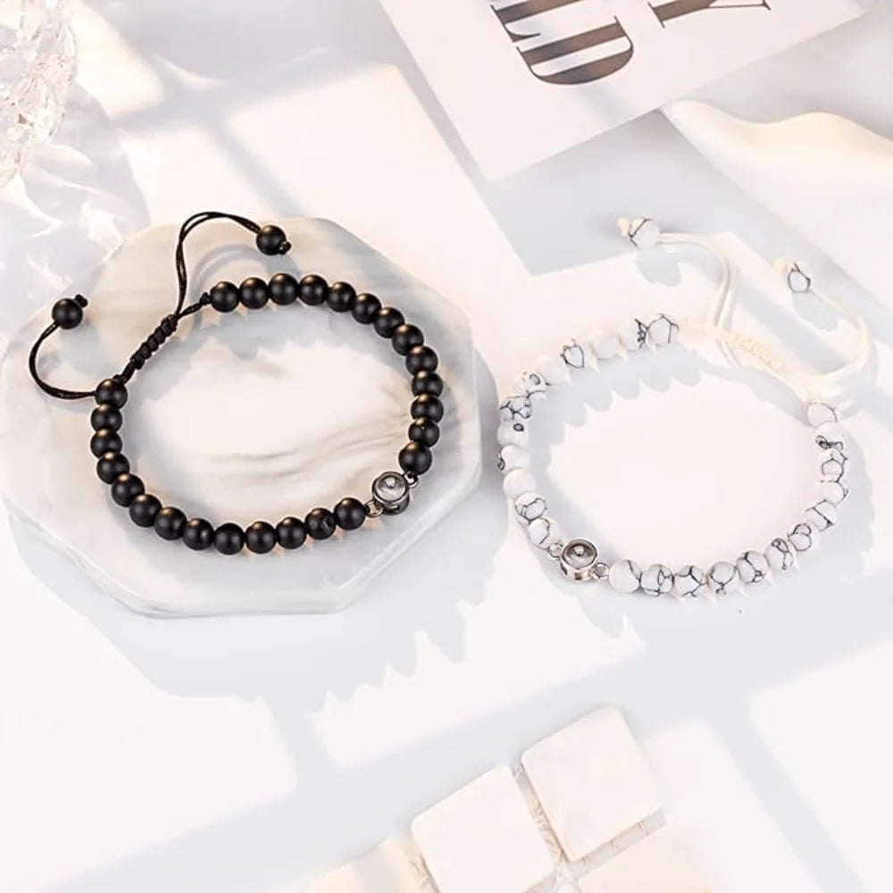 White Onyx Stone Photo Bracelet, Beaded Bracelet with Picture Inside, Photo Projection Beaded Bracelet for Women