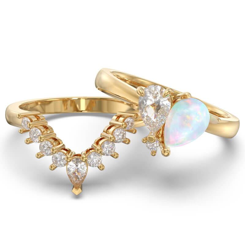 Engagement Ring Set Two Pear Shaped Stone - Opal and Moissanite