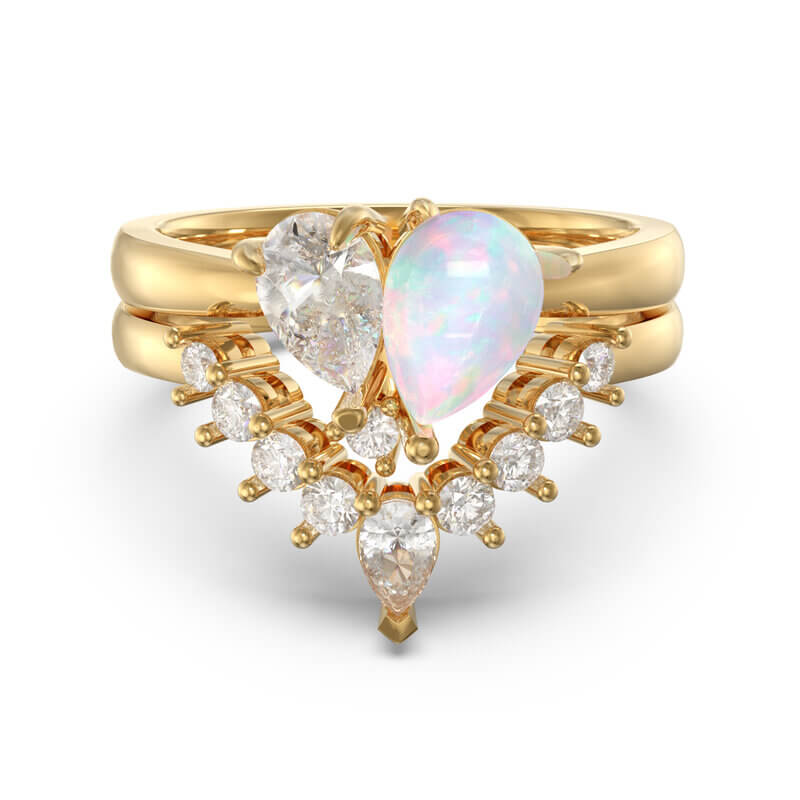 Engagement Ring Set Two Pear Shaped Stone - Opal and Moissanite