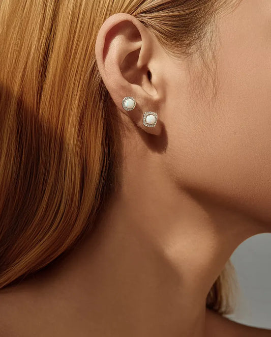 Opal Halo Stud Earrings in 925 Sterling Silver - worn on a model