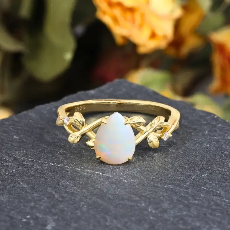 Opal Wedding Ring Pear Shaped Sterling Silver