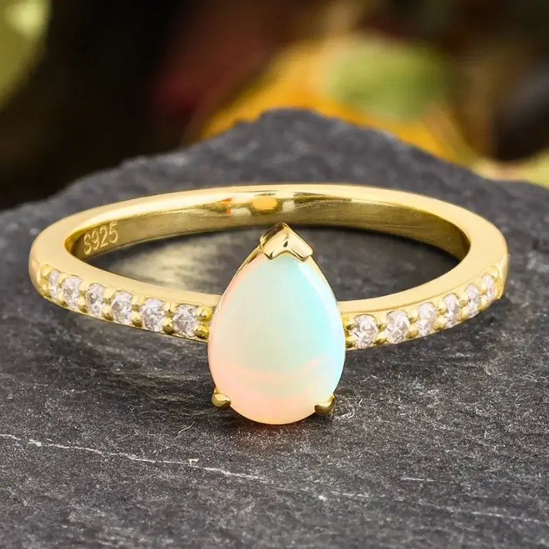 Opal Wedding Ring with Moissanite Pear Shaped Sterling Silver