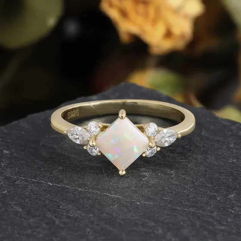 Opal Wedding Ring Princess Shaped Sterling Silver