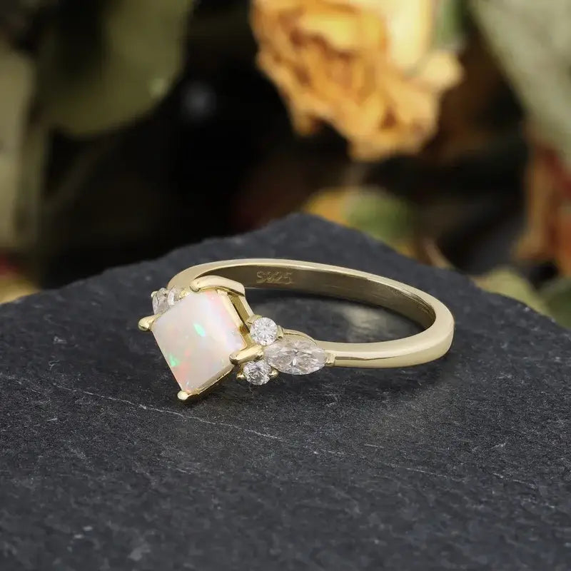 Opal Wedding Ring Princess Shaped Sterling Silver