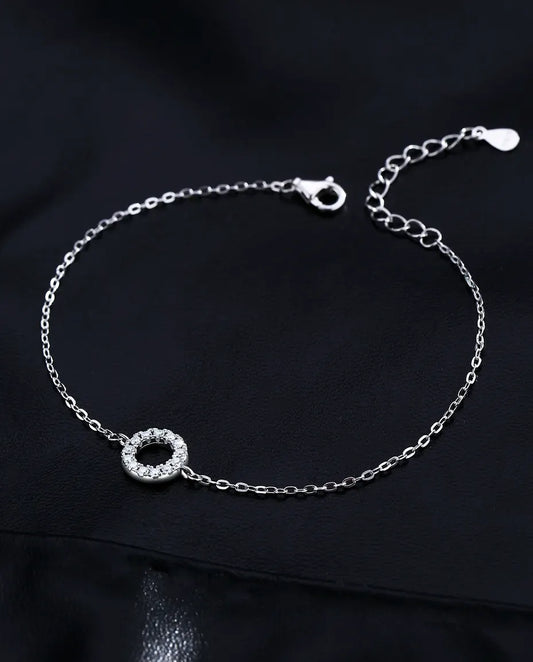 Open circle moissanite bracelet, D colour pave halo charm, 925 sterling silver