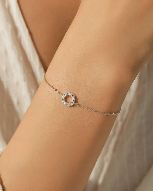 Open circle moissanite bracelet, D colour pave halo charm, 925 sterling silver