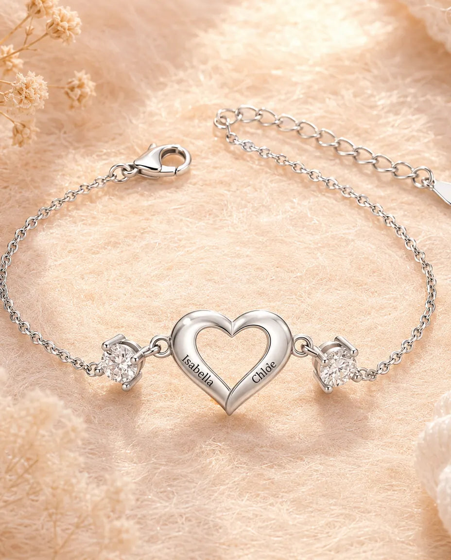 Open heart birthstone bracelet with two engraved names, silver tone