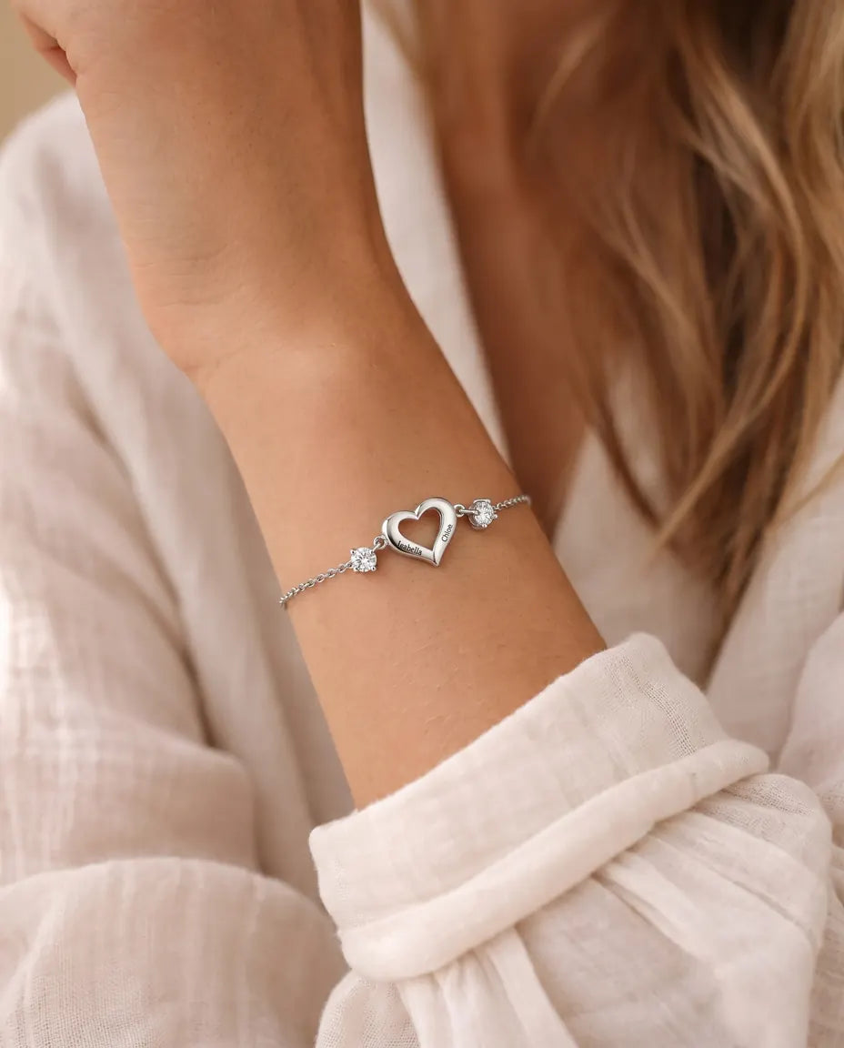 Personalised heart birthstone bracelet worn on the wrist
