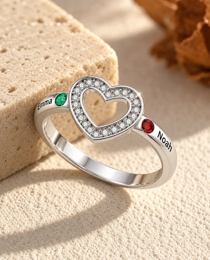 personalised open heart birthstone ring with 2 names and 2 bezel set birthstones on a single band, rhodium plated
