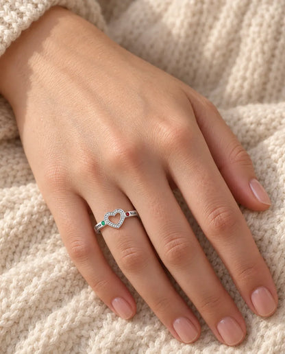 woman wearing personalised open heart birthstone ring with 2 engraved names on her ring finger