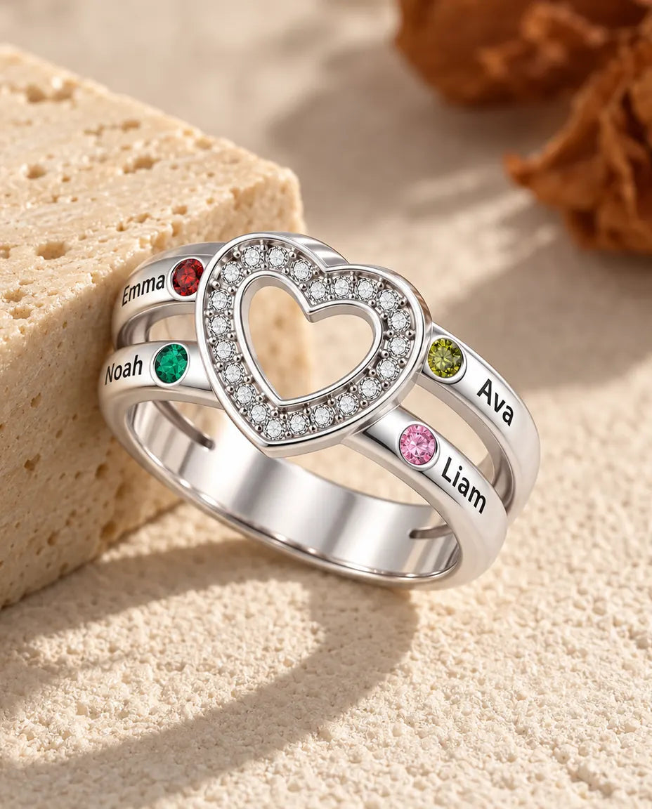 open heart birthstone ring with 4 engraved names and 4 birthstones on a split double band