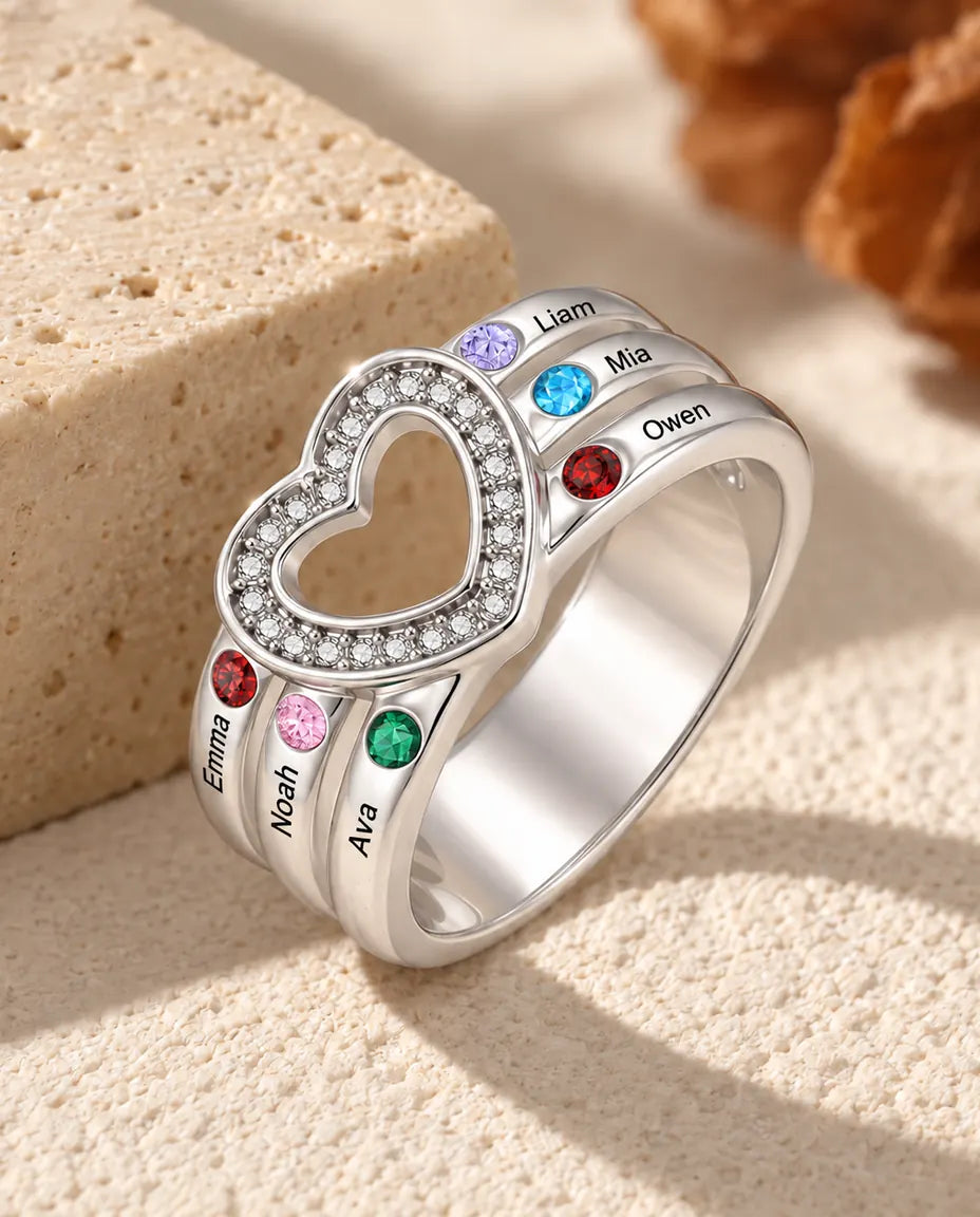 open heart birthstone ring with 6 engraved names and 6 birthstones on a triple band