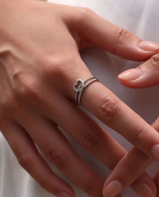 Open heart crossover ring in 925 sterling silver