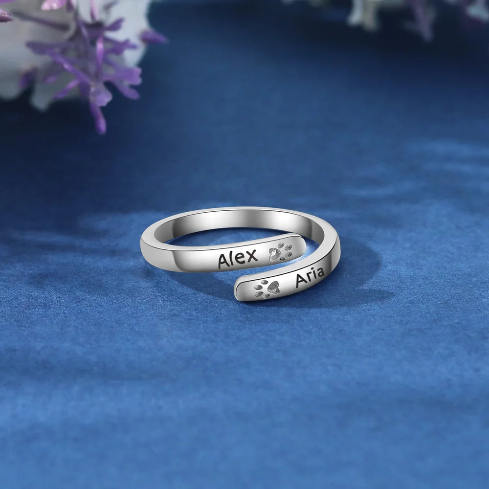Personalized Engraved Open Paw Print Name Ring IfShe UK