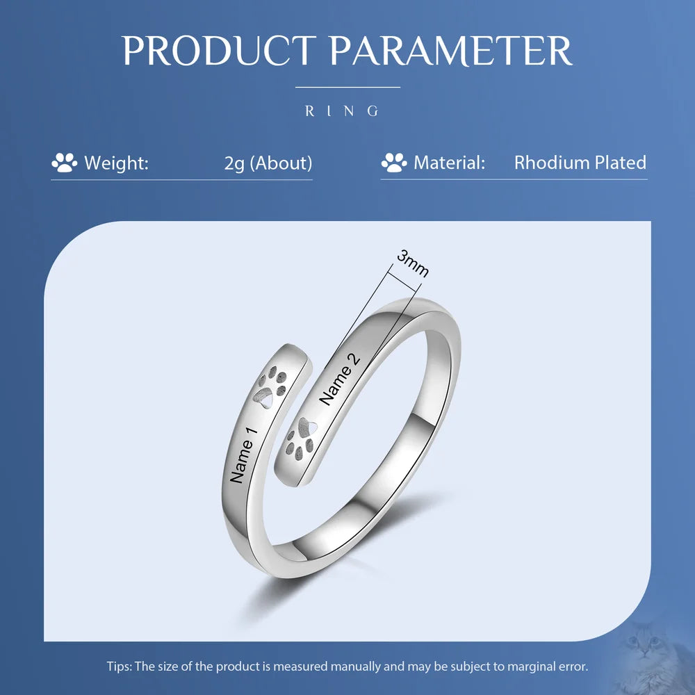 Open Paw Print Personalised Ring, Paw Print Name Ring, Custom Engraved Ring