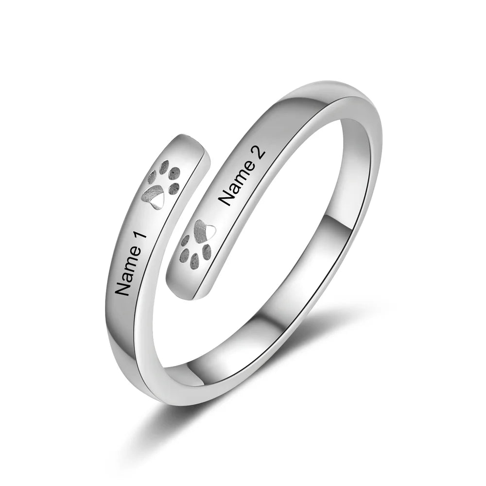 Open Paw Print Personalised Ring, Paw Print Name Ring, Custom Engraved Ring