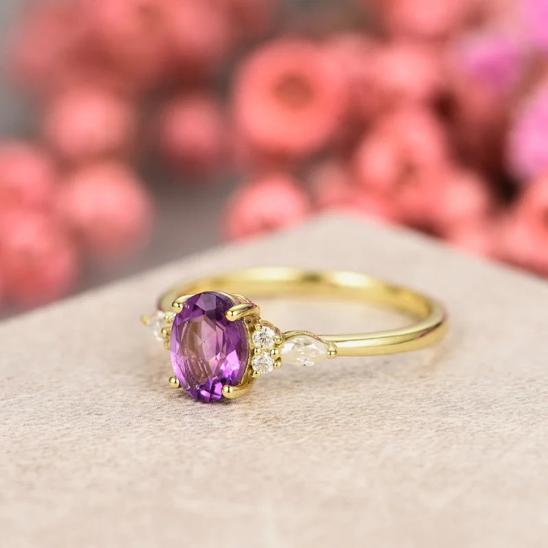 Oval Cut Amethyst Ring with Moissanite