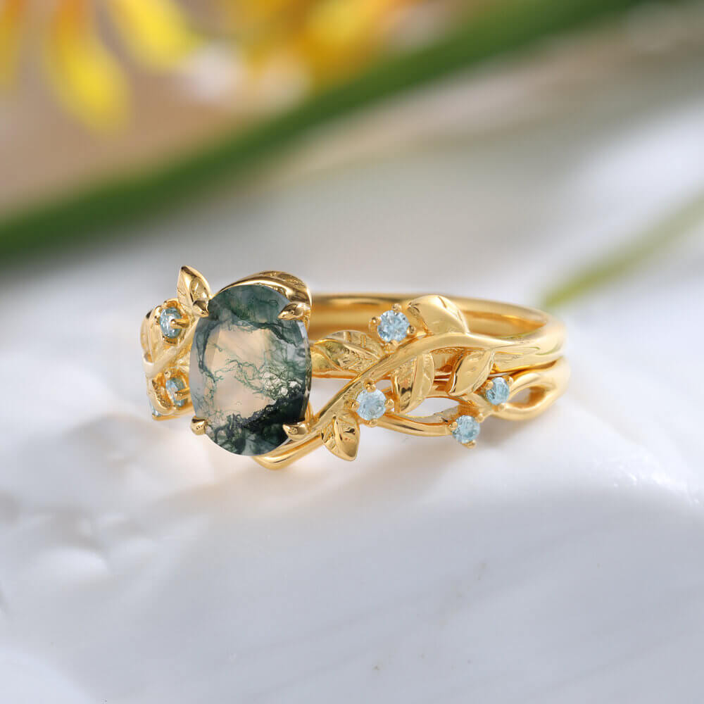 Oval Cut Natural Green Moss Agate Ring Set with Moissanite 18K Gold