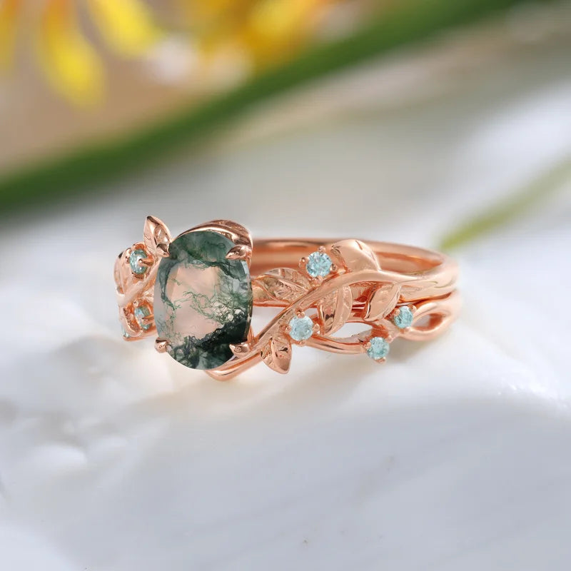 Oval Cut Natural Green Moss Agate Ring Set with Moissanite