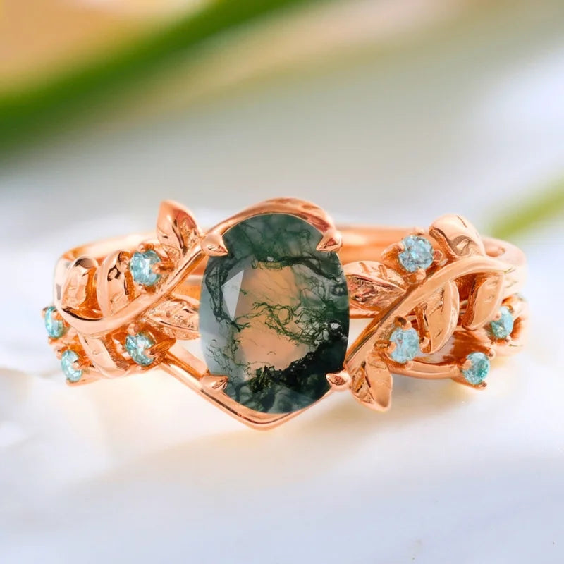 Oval Cut Natural Green Moss Agate Ring Set with Moissanite