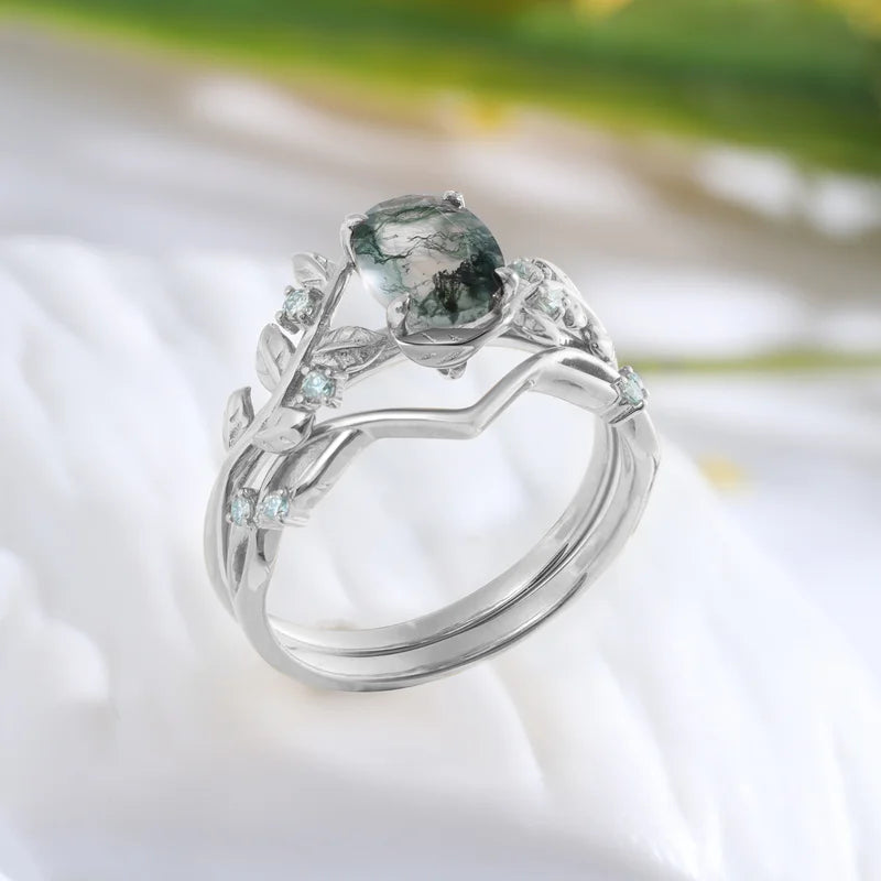 Oval Cut Natural Green Moss Agate Ring Set with Moissanite