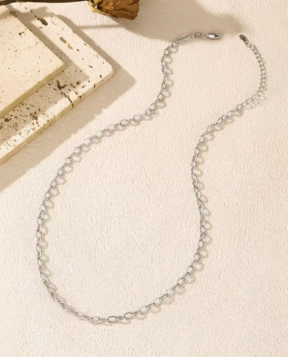 Oval Link Chain Necklace in 925 Sterling Silver - laid flat with the full chain, clasp and extender