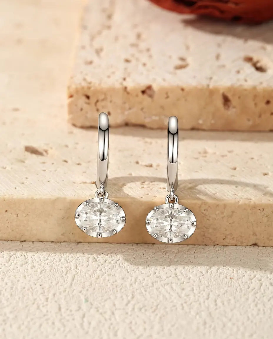 Oval moissanite drop huggie earrings in 925 sterling silver
