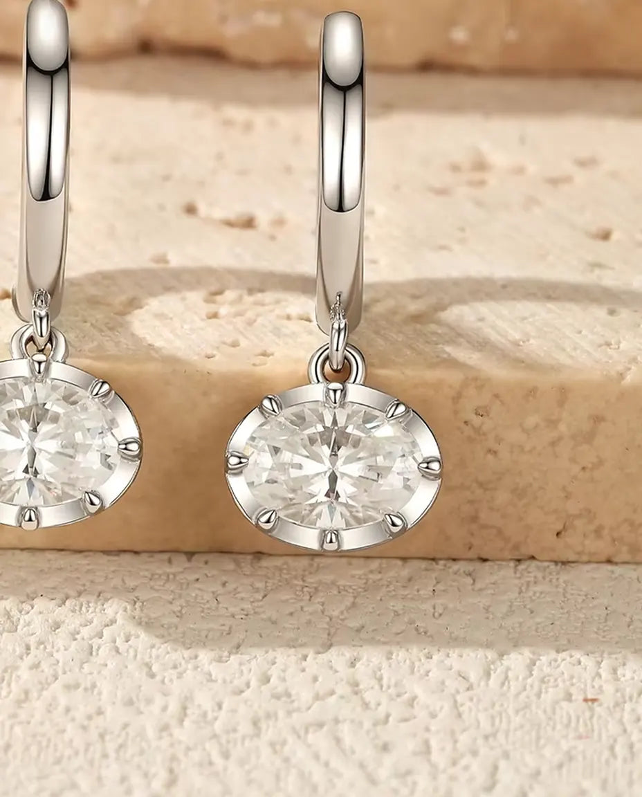 Oval moissanite drop huggie earrings in 925 sterling silver