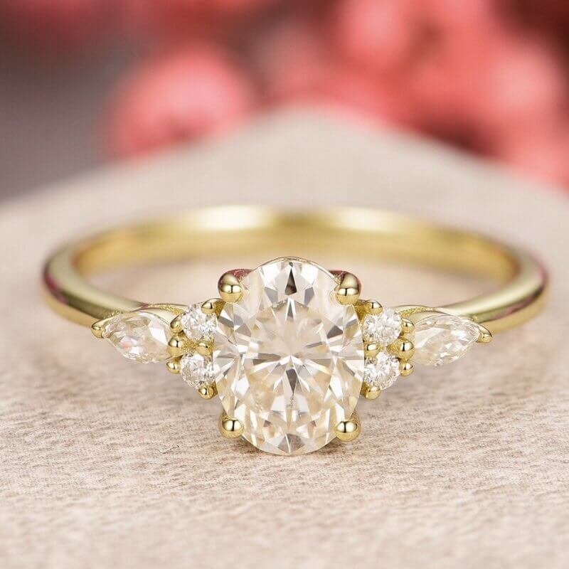Oval Moissanite Engagement Ring Sterling Silver with Yellow Gold Plated