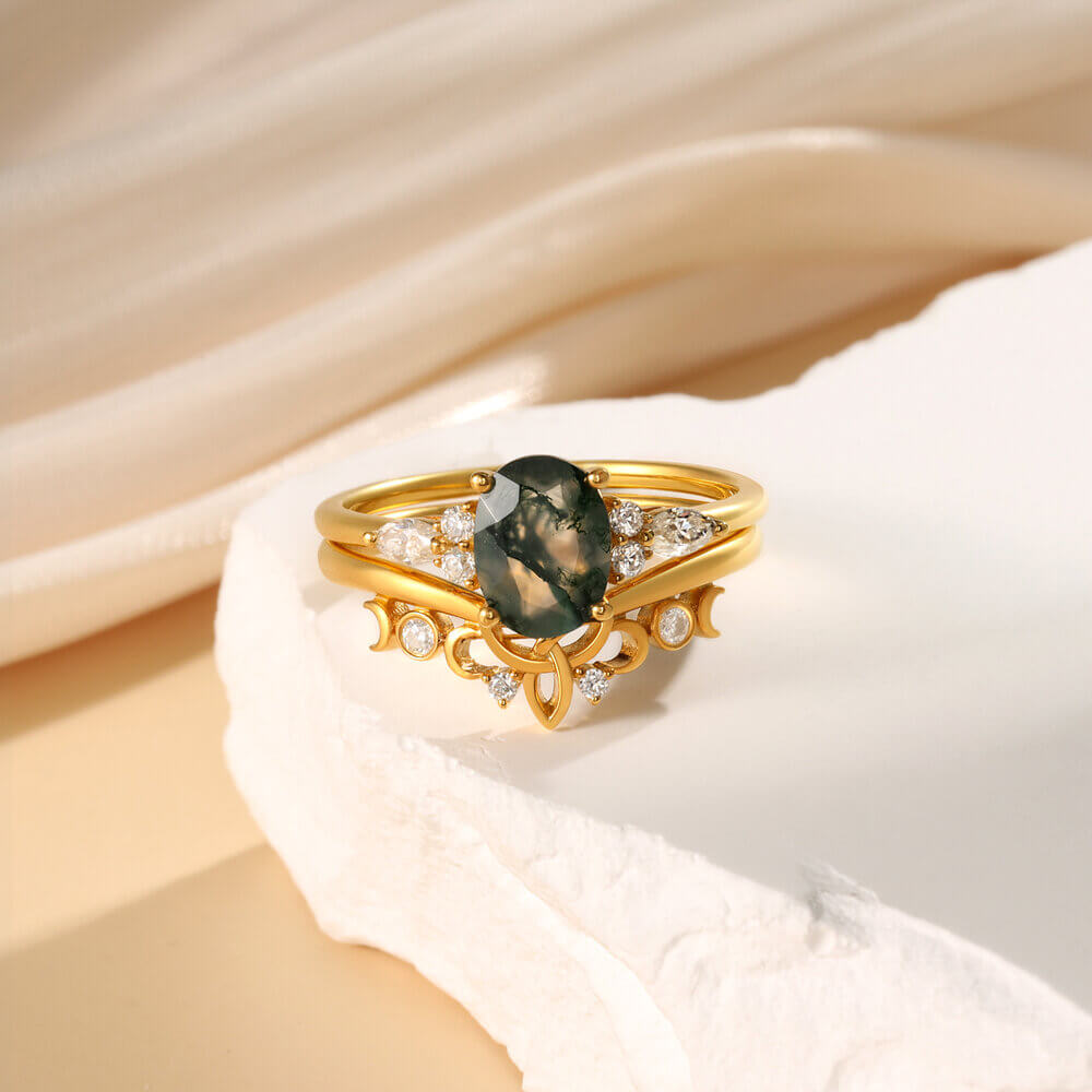 Oval Moss Agate Engagement Ring Set with Moissanite 18K Gold